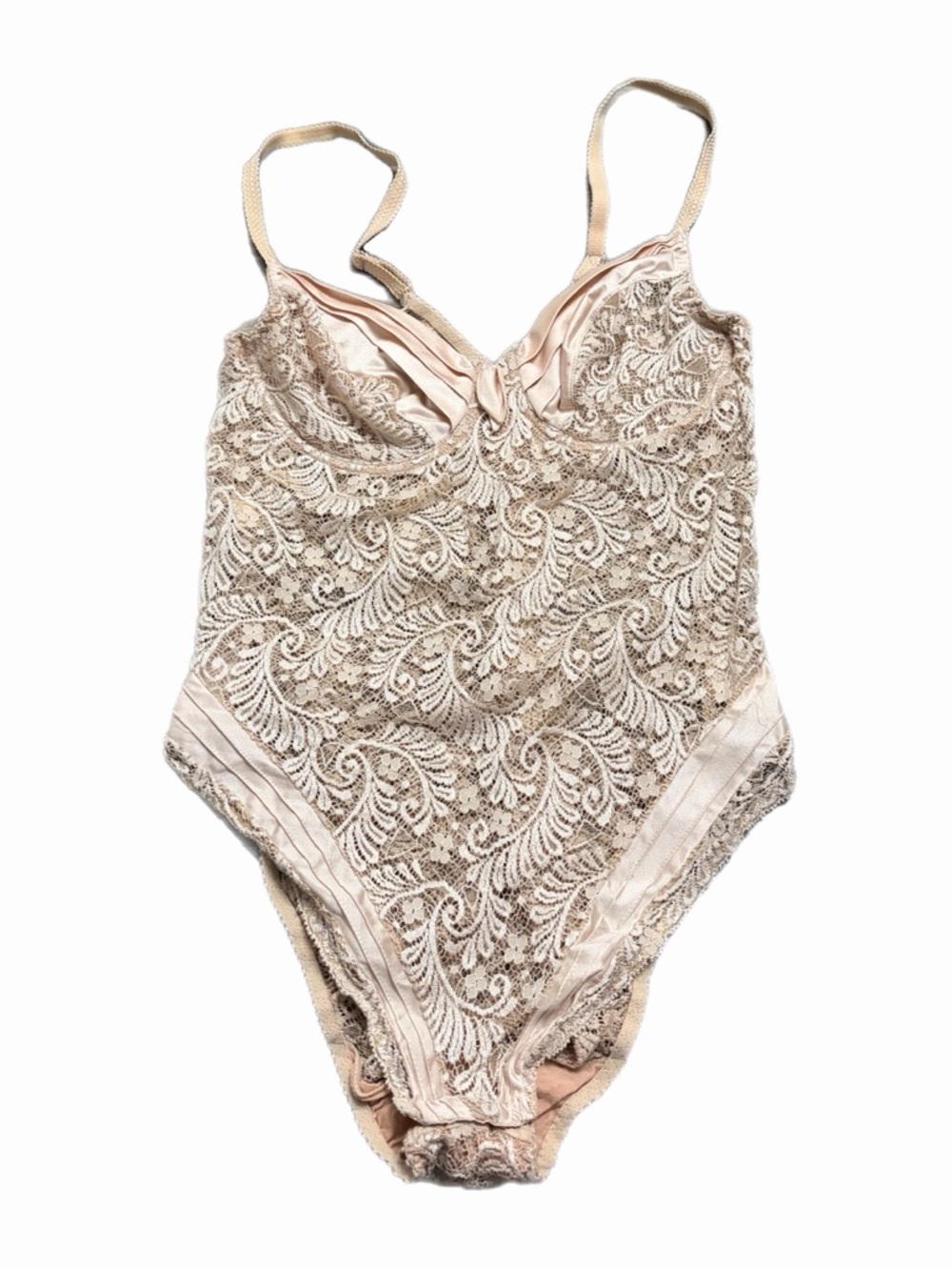 80s/90s European Vintage Paisley Lace Romantic Bodysuit (Cream/Pink) Size Small